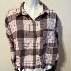 Rue21 Pink and Brown Cropped Plaid Shirt